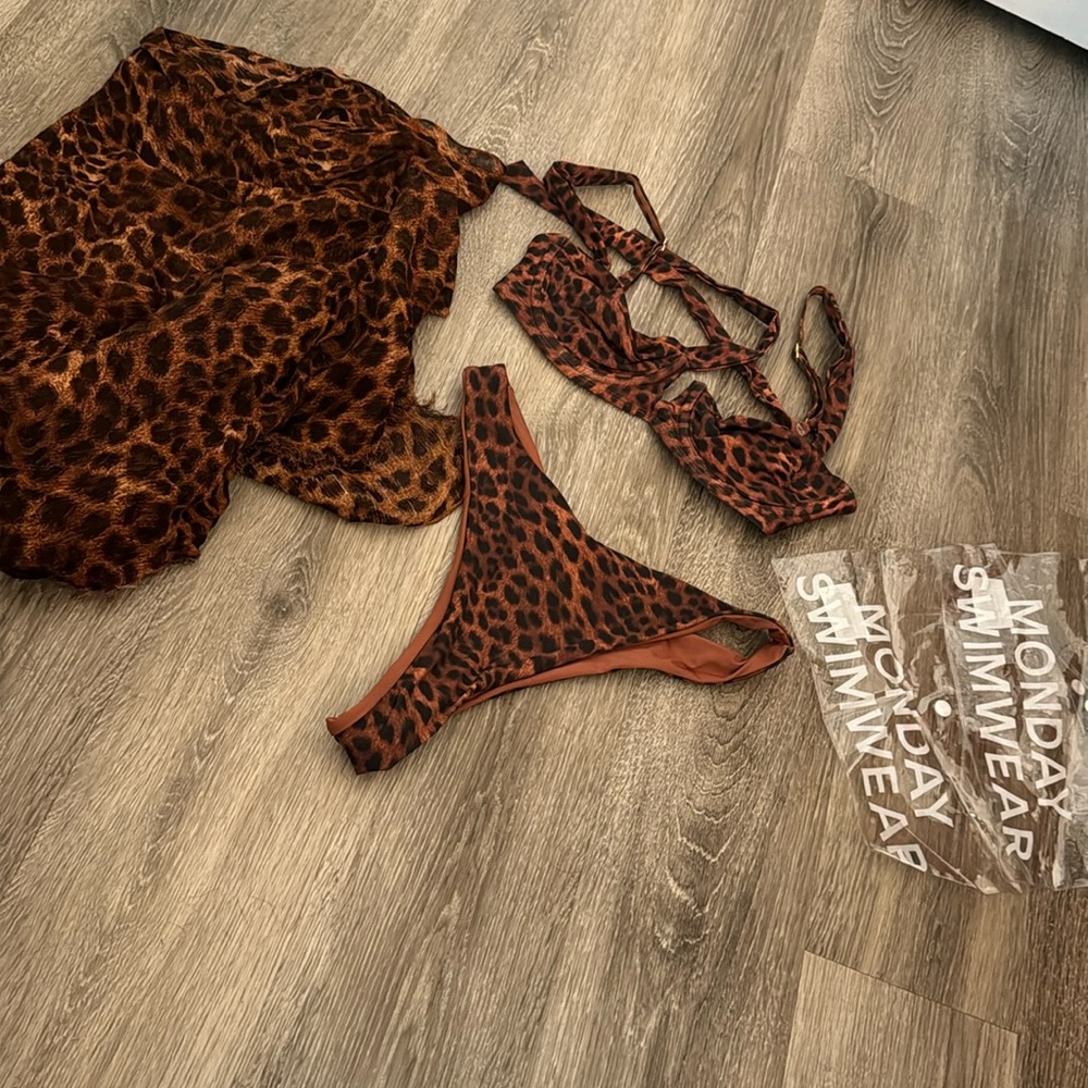 Monday swimwear cheetah bikini  set with mating sarong + bikini bags
